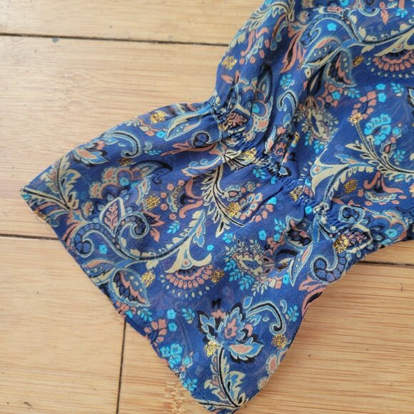 Daniel Rainn Women's Blue Gold Floral Paisley Top Blouse with Gold Shimmer - Picture 3 of 5